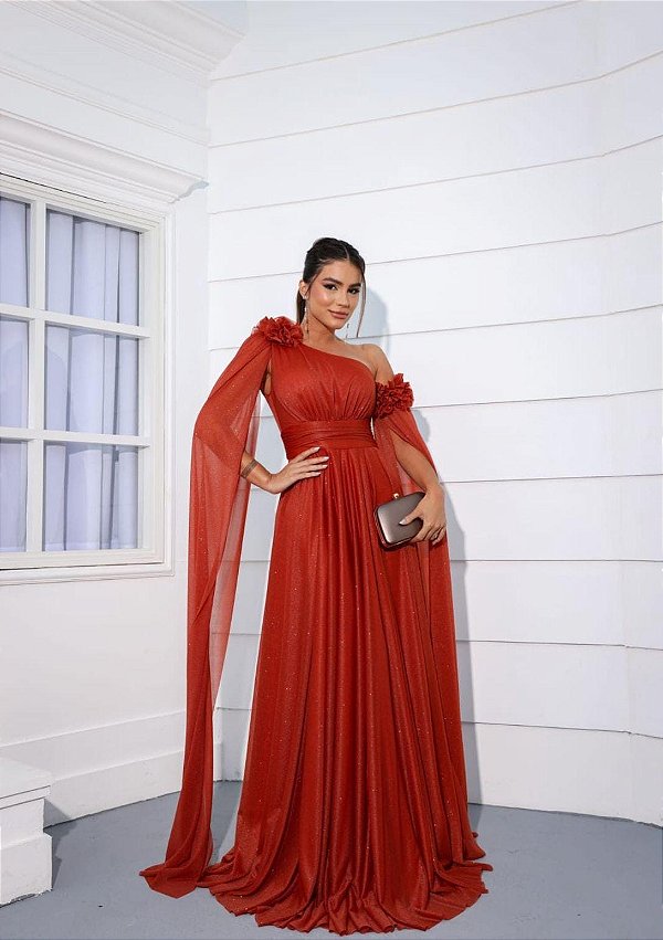 Vestido longo ombro unico mangas soltas
