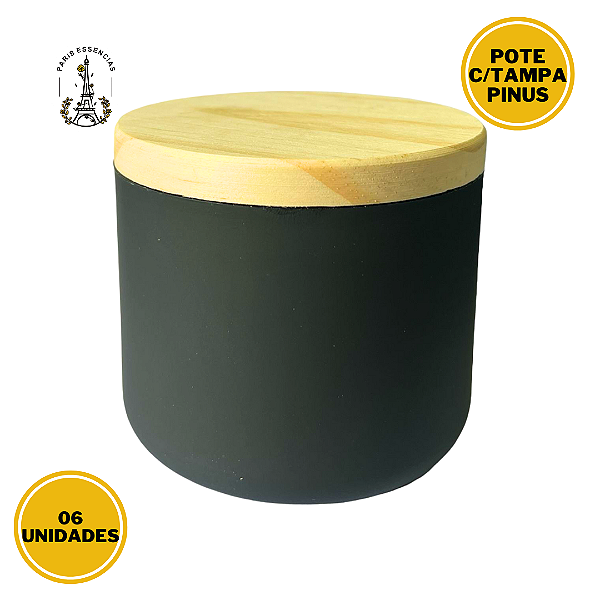 Pote Para Vela 250ml Preto C/ Tampa Pinus 06unidades
