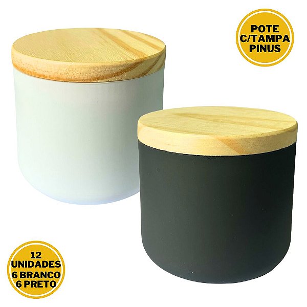 Kit Pote Para Vela 250ml Branco/Preto C/ Tampa Pinus 12UND