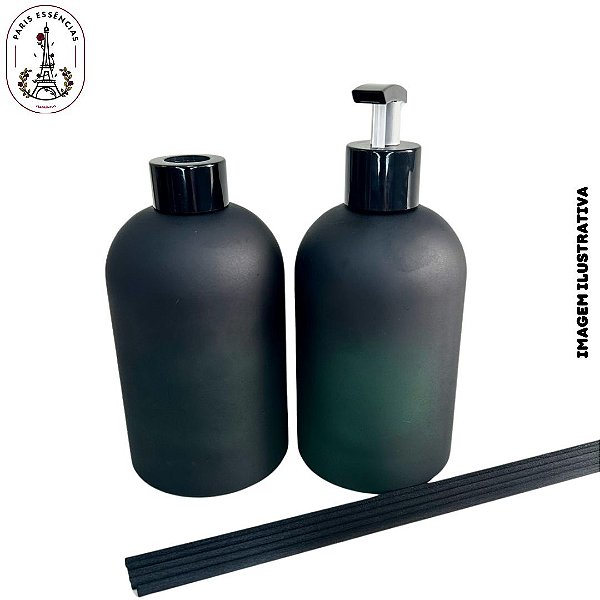 Kit Luxo Frasco de Vidro 350ml Preto/Verde Fosco