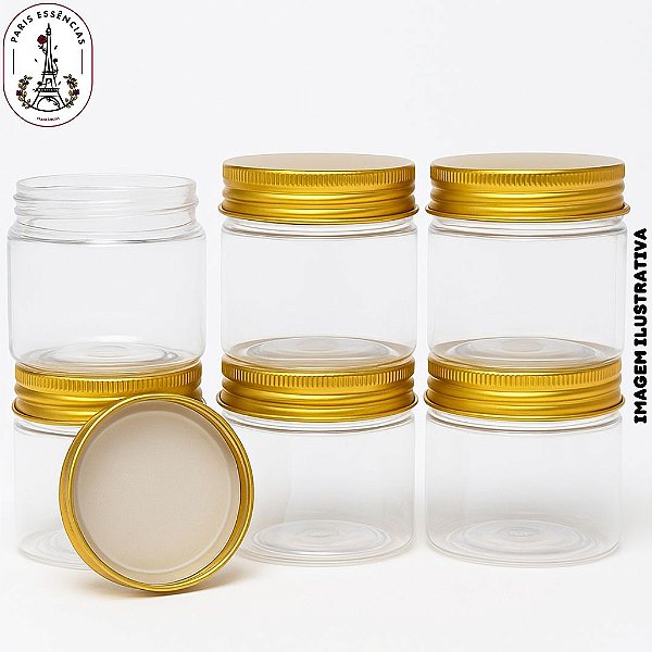 Kit com 6 Potes Plásticos 100ml com Tampa Alumínio Dourada