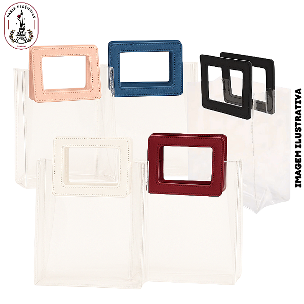 Sacola Transparente em PVC com Alça Quadrada de Couro – 17x15x8cm (unidade)
