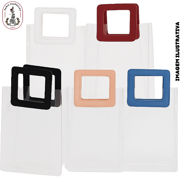 Sacola Transparente em PVC com Alça Quadrada de Couro – 27x12x23cm (unidade)