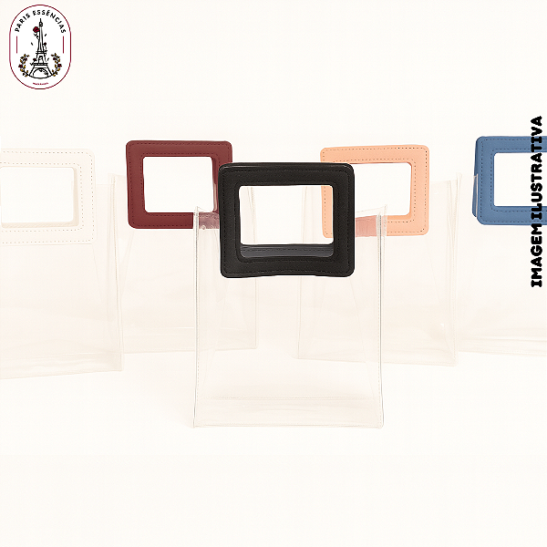 Sacola Transparente em PVC com Alça Quadrada de Couro – 20x18x10cm (unidade)
