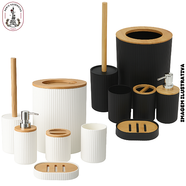 Kit Luxo para Banheiro com Tampa Bambu – 6 Peças (Preto ou Branco)