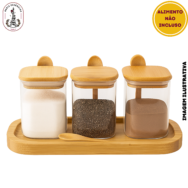 Kit Porta-Tempero com Bandeja Madeira - 3 Potes de 450ml com Colher e Tampa de Bambu