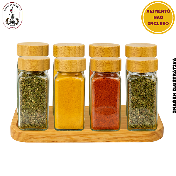Kit Porta-Tempero com Bandeja Madeira - 8 Potes de 120ml com Tampa de Bambu