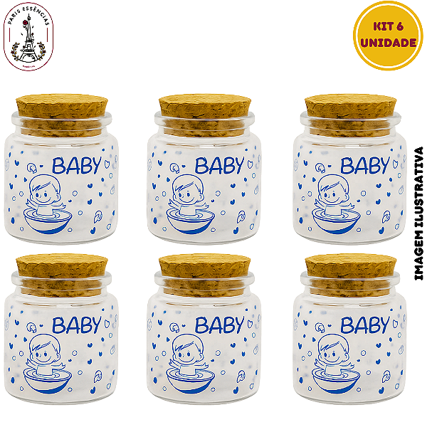 Kit 6 Potes de Vidro Baby Azul C/Tampa Rolha - 60ml