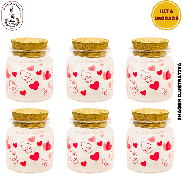 Kit 6 Potes de Vidro Estampa Coração Vermelhos C/Tampa Rolha - 60ml