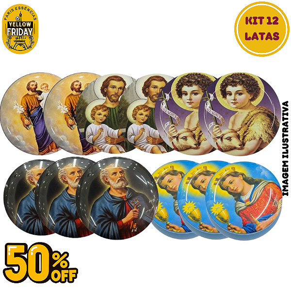 Kit 12 Latas Decoradas Religiosas – Estampas Variadas | 50% de Desconto