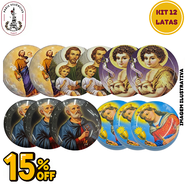 Kit 12 Latas Decoradas Religiosas – Estampas Variadas | 15% de Desconto