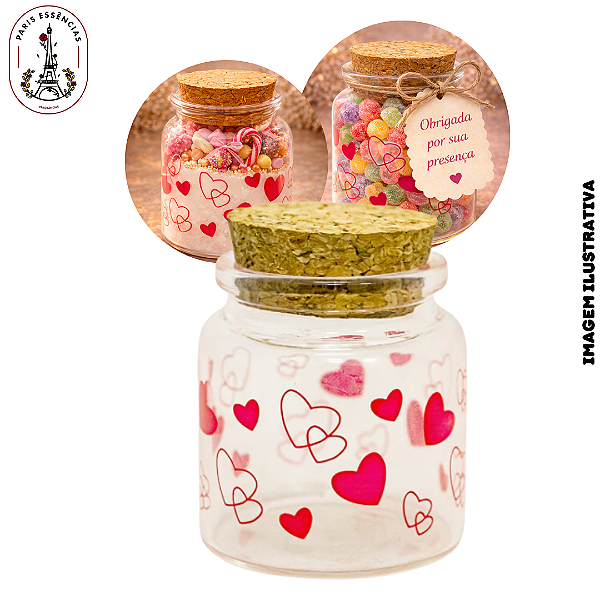 Pote de Vidro Estampa Corações Vermelho C/Tampa Rolha - 60ml (UN)