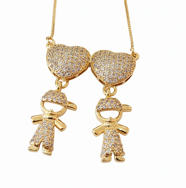 Colar-Filhos dois menino- todo cravejado de micro zircônia cristal (BANHADO A OURO 18K)