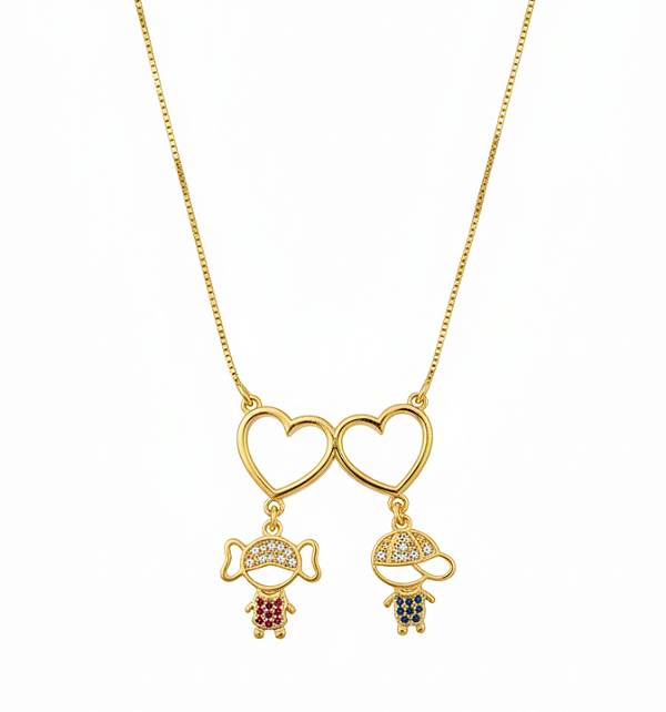 Colar-Filhos- dois coração vazado com extensor de menino e menina (BANHADO A OURO 18K)