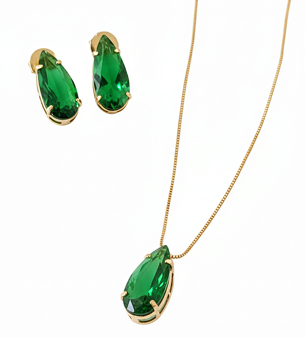 Conjunto de gota zircônia verde esmeralda (BANHADO A OURO 18K)