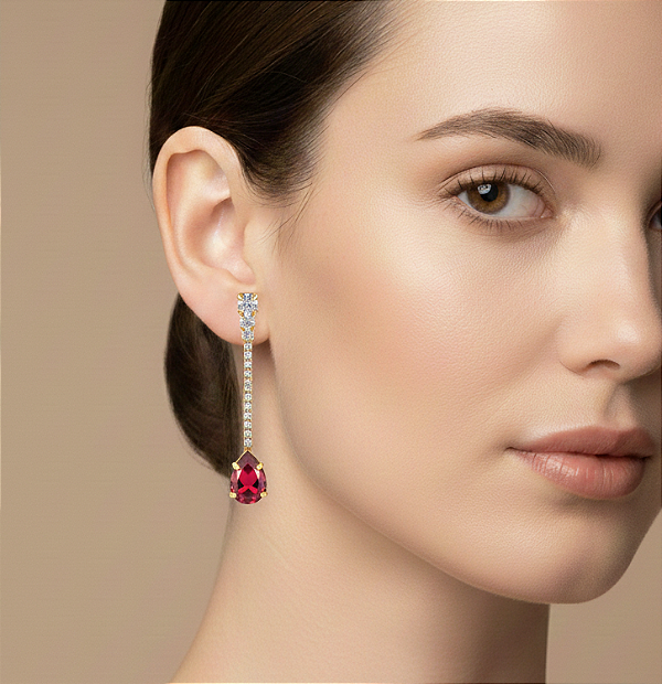 Brinco riviera com extensor de zircônia gota Pink (BANHADO A OURO 18K)
