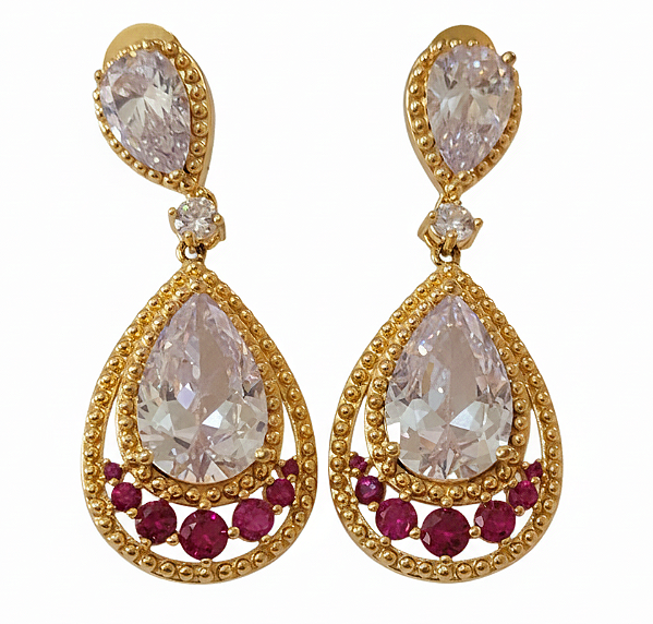 Brinco de zircônia cristal e pink (BANHADO A OURO 18K)