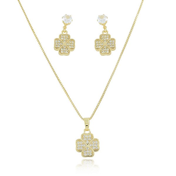 Conjunto de trevo cravejado (BANHADO A OURO 18K)