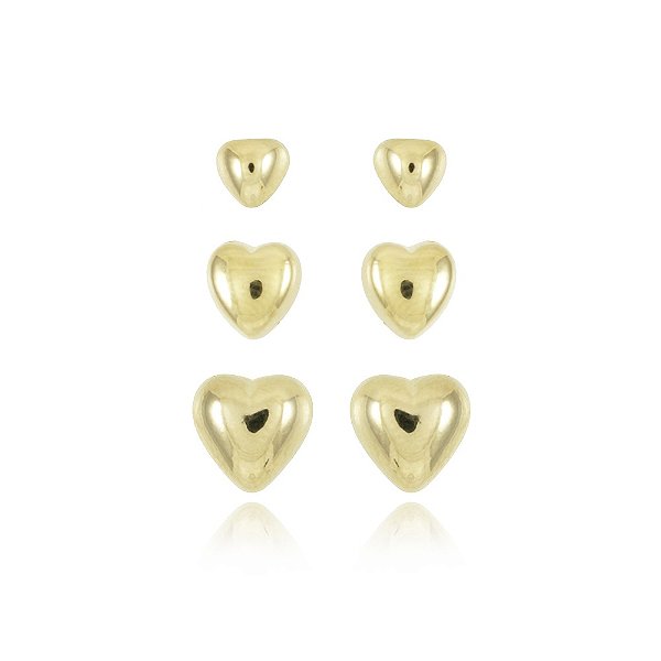Trio De Brincos De Corações (BANHADO A OURO 18k)