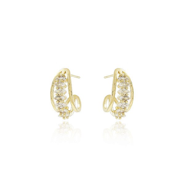 Brinco Meia Argola De Zircônias Cristal (BANHADO A OURO 18K)