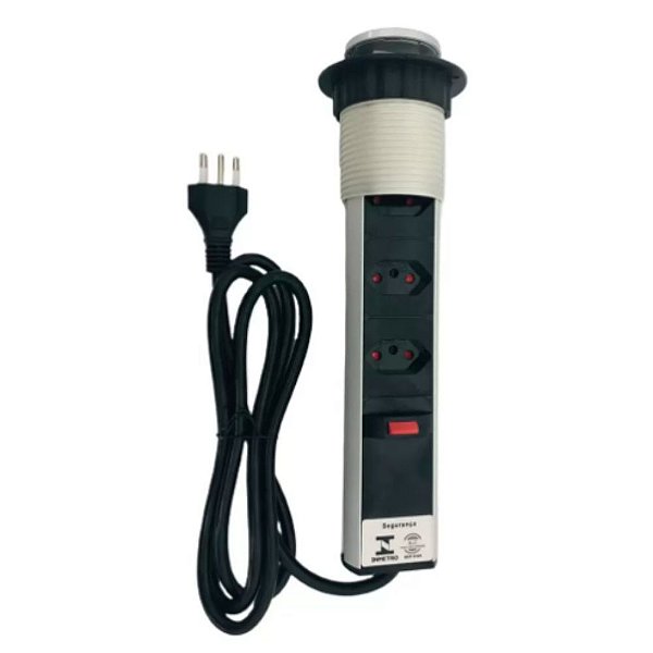 Torre De Tomada Para Bancada Embutir Retrátil Com 3 Tomadas Cor Cinza