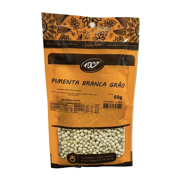 Pimenta Branca em Grãos Pacote, 50g - Foco Alternativo