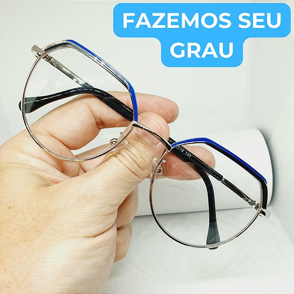 Armação para óculos de grau Feminino gatinho Metal Azul Estilosa modelo CV1038
