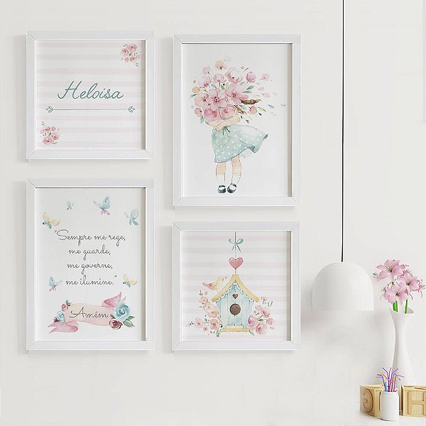 Quadros para quarto de bebê Jardim encantado Flores, Menina e Nome + Quadro Santo Anjo