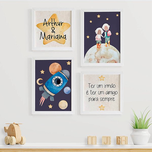 Quadros infantis para irmãos Astronauta com nome e frase