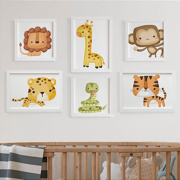 6 Quadros Decoração Quarto Bebe Safari Menino Com Moldura