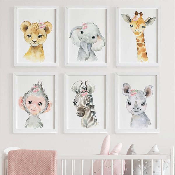 Quadros para quarto de bebê Safari Baby Aquarela Menina com flores