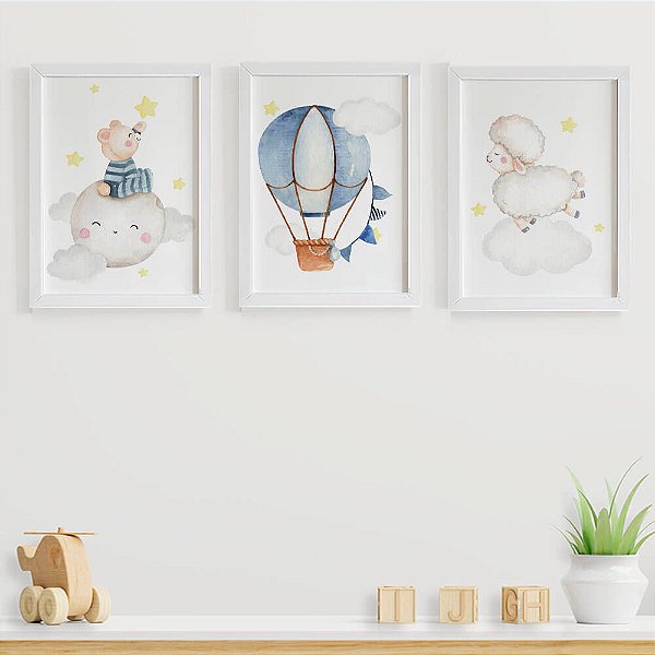 Quadros para quarto de bebê Nuvem menino Ursinho na lua Balão Ovelha