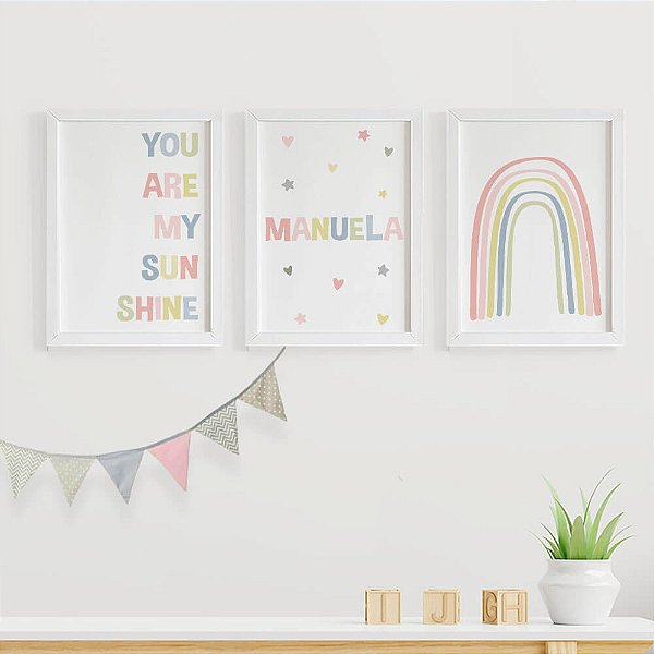 Quadros para quarto de bebê You are my Sunshine Arco Íris e Nome