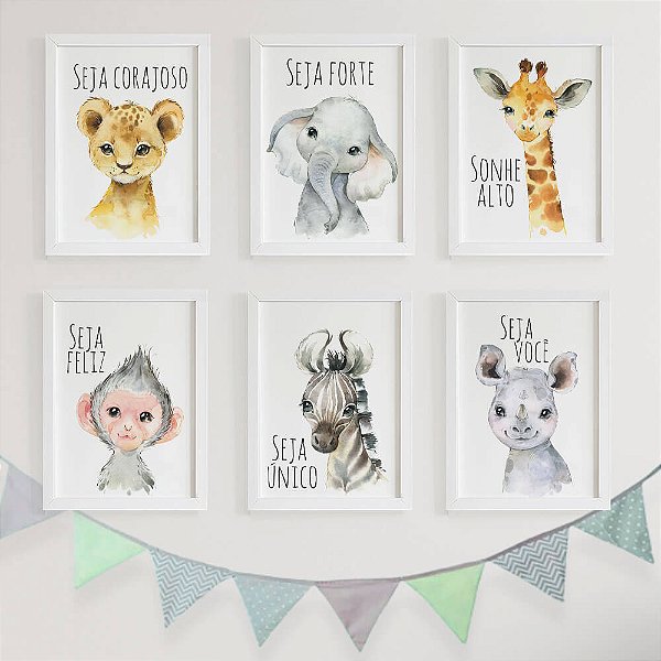 Quadros para quarto de bebê Safari Baby Aquarela Unissex com frases Seja Corajoso Forte