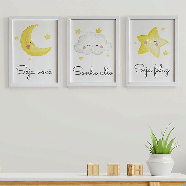 Quadros para quarto Nuvem Estrela e Lua Seja você Sonhe alto Seja feliz