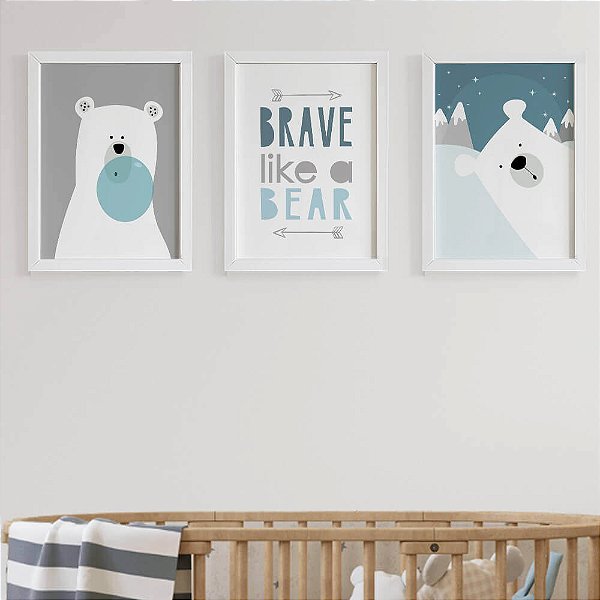 Quadros para quarto de bebê Urso e Frase Brave like a bear