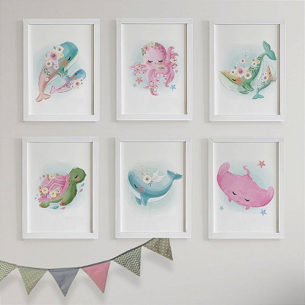 Quadros para quarto de bebê fundo do mar Menina Aquarelado