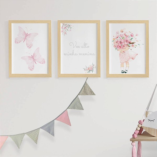 Quadros para quarto de bebê Jardim Borboleta Menina Voe Alto