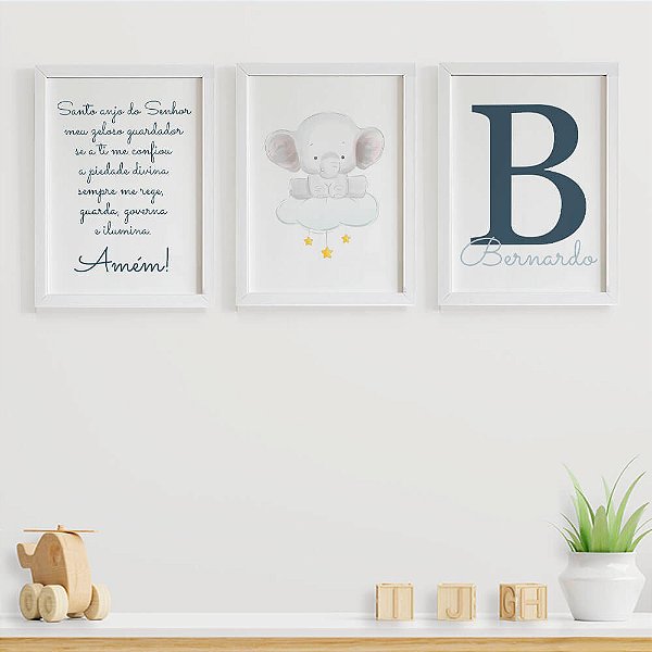 Quadros para quarto de bebê Santo Anjo Elefantinho Inicial e Nome