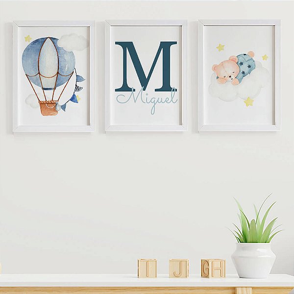 Quadro para quarto de bebê Ursinho Balão e Nome