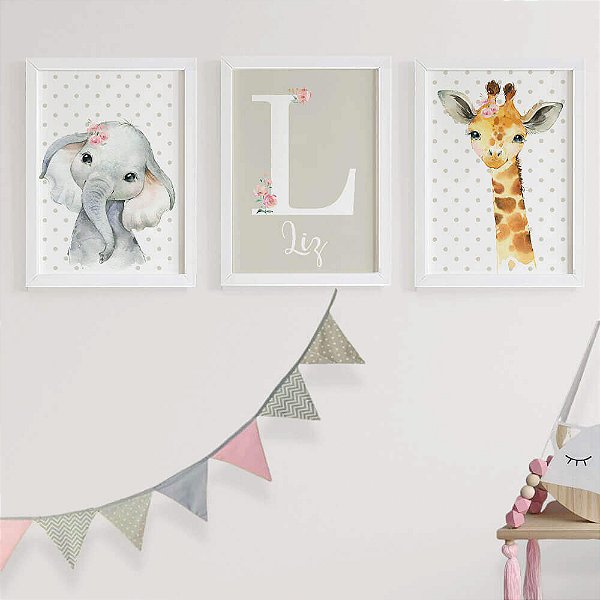 Quadros para quarto de bebê Safari Baby Aquarela Menina com frases e Nome