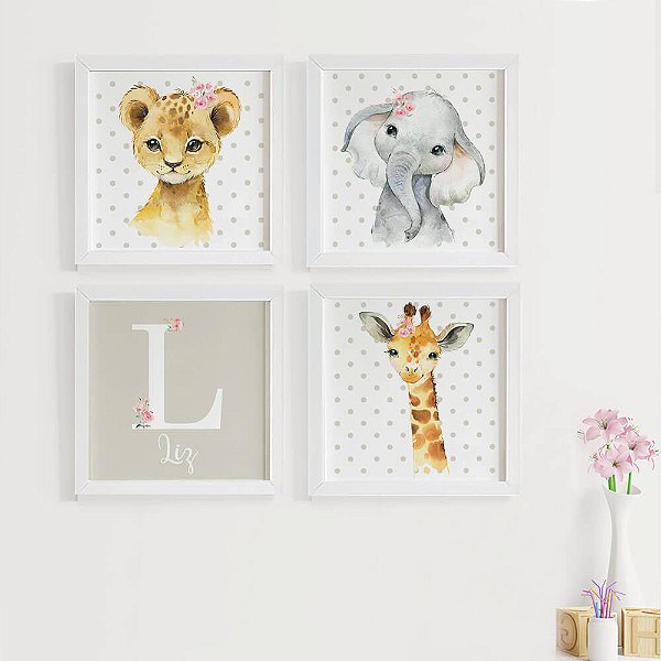 Quadros para quarto de bebê Safari Baby Aquarela Menina com Nome Personalizado
