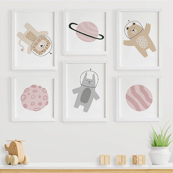 Quadros para quarto de bebê Astronauta com Planetas e Animais