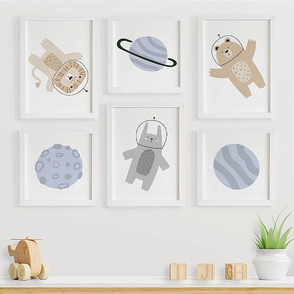 Quadros para quarto de bebê Astronauta com Planetas e Animais