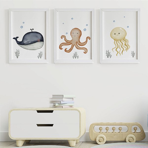 Quadros para quarto de bebê Fundo do mar Baleia Polvo Água Viva