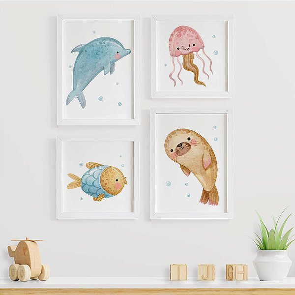 Quadros para Quarto de bebê Fundo do Mar Golfinho Água viva Peixe e Foca