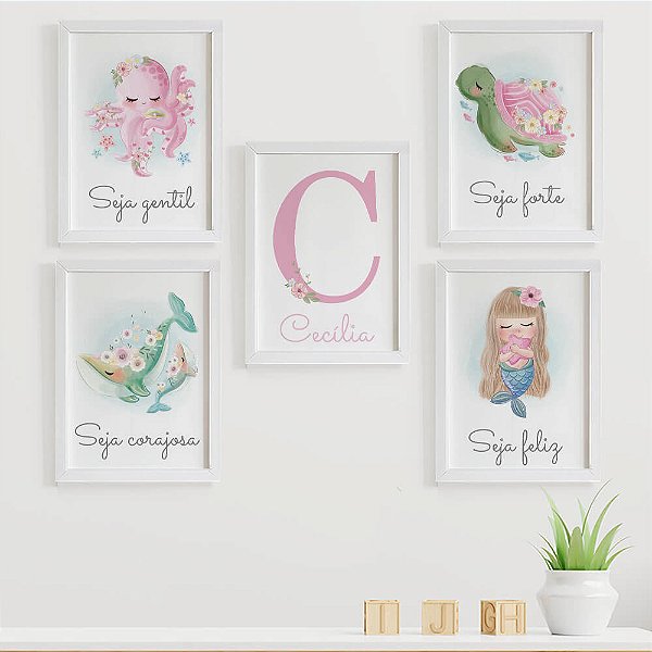 Quadros para quarto de bebê Fundo do mar Sereia com Frases e Nome