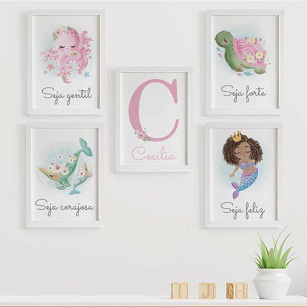 Quadros para quarto de bebê Fundo do mar Sereia com Frases e Nome