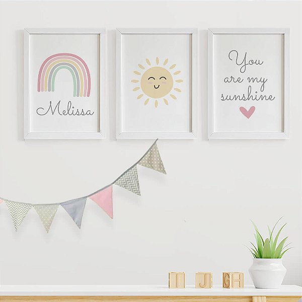 Quadros para quarto de bebê You are my Sunshine Sol e Arco íris com Nome