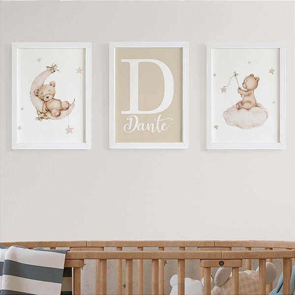 Quadros para quarto de bebê Ursinhos Bege com Inicial e Nome